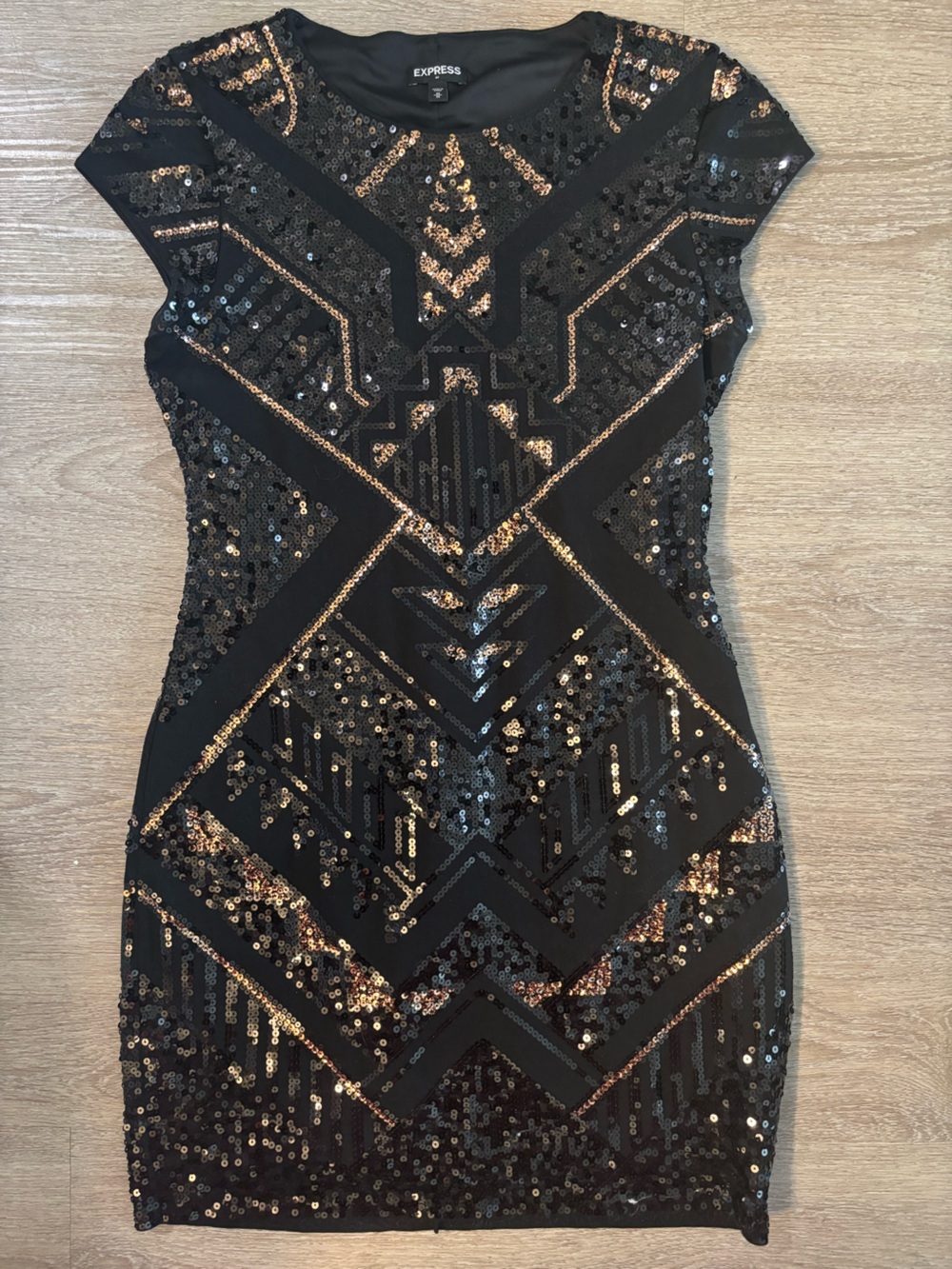 Express Black Mini Skirt with Gold Sequin Geometric Design